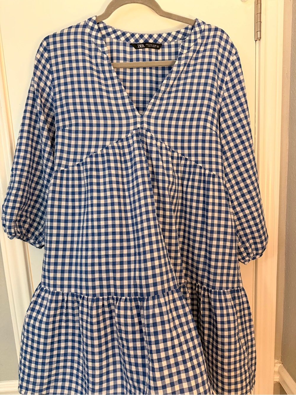 Zara Blue and White Gingham Shirt Dress